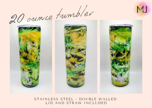 20 Ounce Skinny Epoxy Tumbler - Green/Yellow Swirl - GLOWS in the dark!