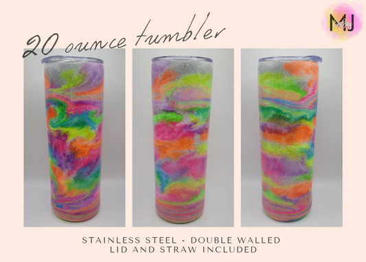 20 Ounce Skinny Epoxy Tumbler - Neon Glitter - GLOWS in the dark!