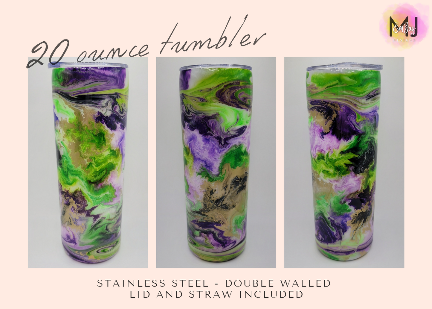 20 Ounce Skinny Epoxy Tumbler - Purple/Green/Gold Swirl