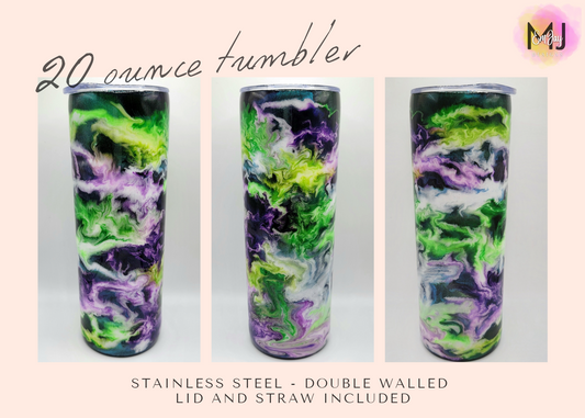 20 Ounce Skinny Epoxy Tumbler - Green/Purple Swirl - GLOWS in the dark!